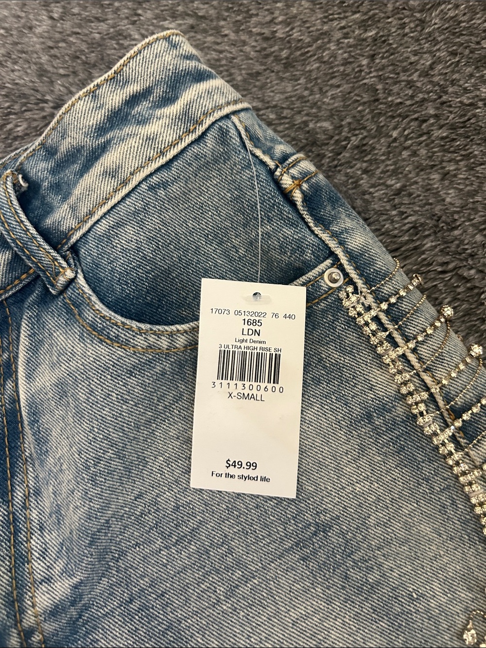Embellished Light Blue Denim High-Rise Jean Shorts - Picture 3 of 5